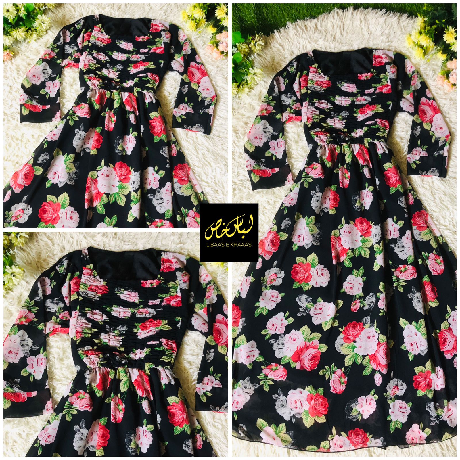 Red Rose Flower Printed Chiffon Maxi