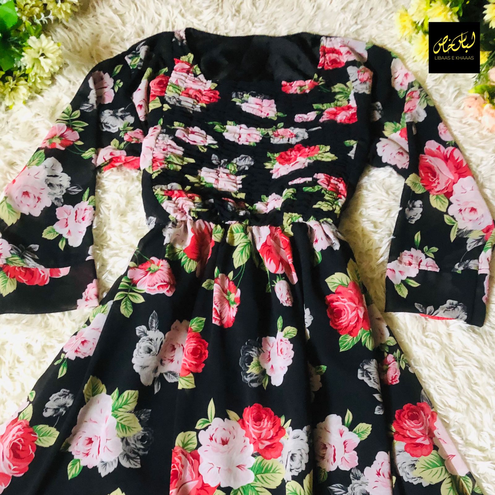 Red Rose Flower Printed Chiffon Maxi