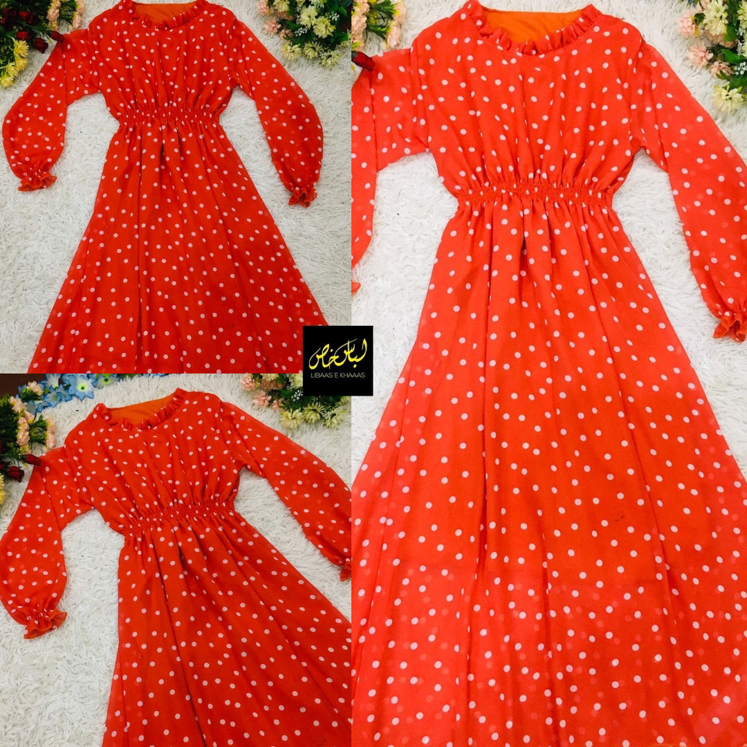 Red Dotted Polka  Printed Chiffon Maxi