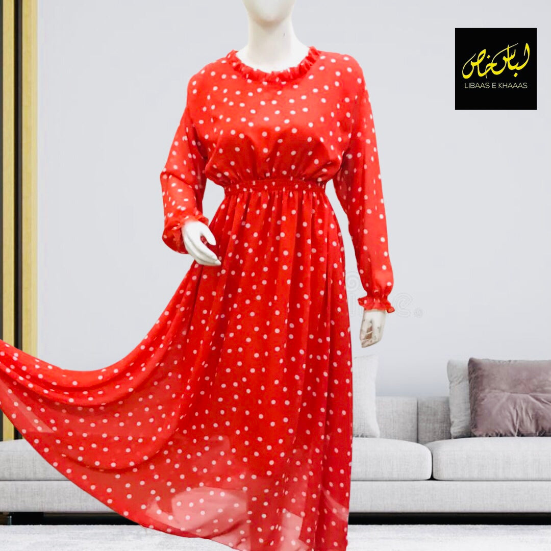 Red Dotted Polka  Printed Chiffon Maxi