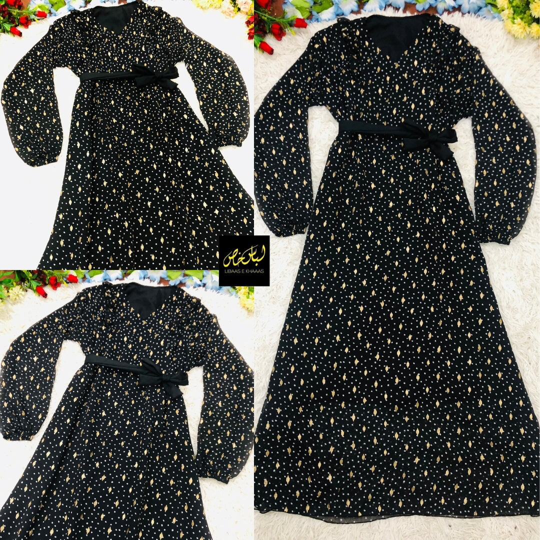 Golden Polka Printed Chiffon Maxi