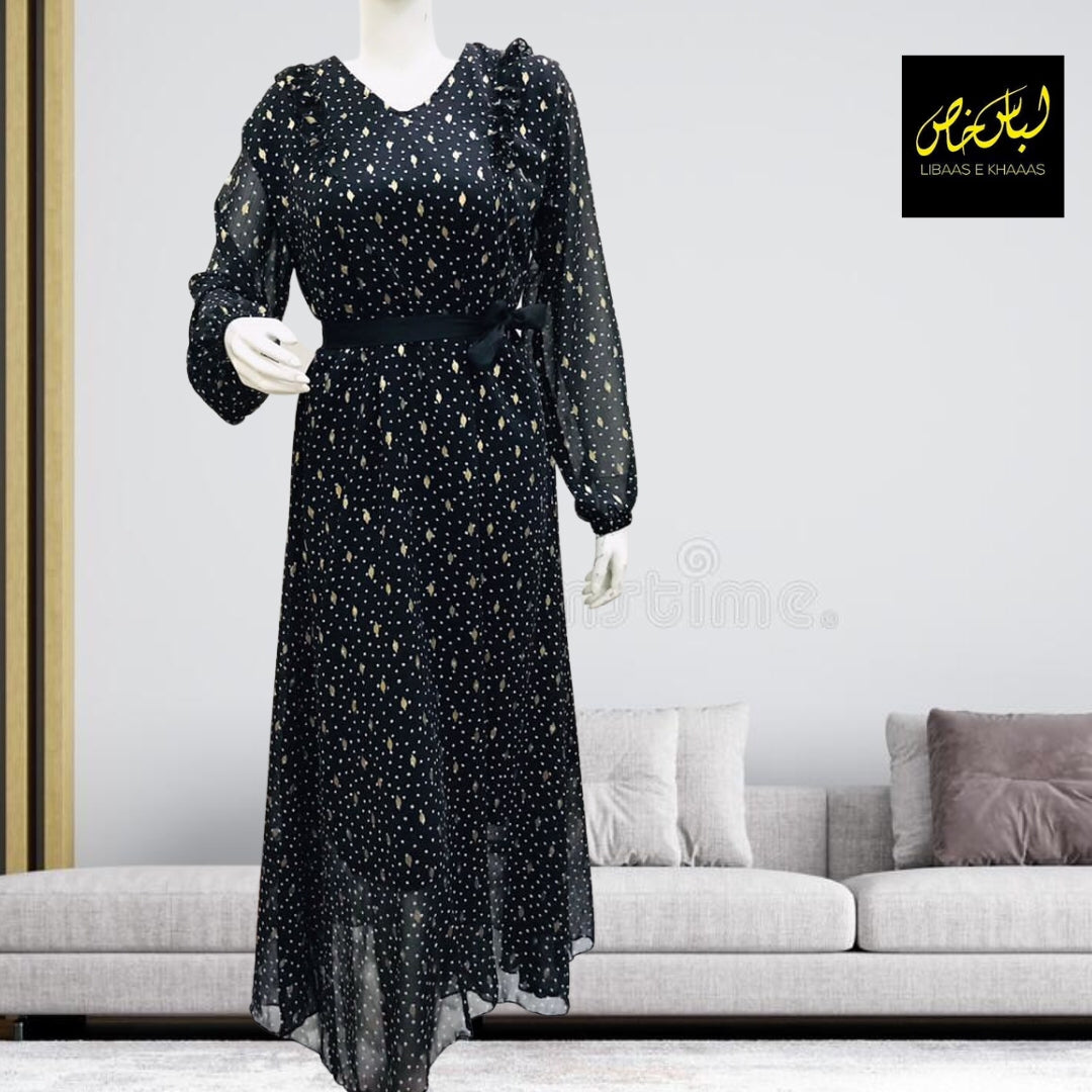 Golden Polka Printed Chiffon Maxi